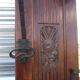 Vestiaire wears hat coat and art deco umbrella in wrought iron patere wood