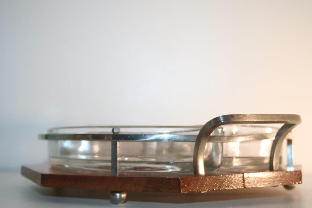 Tray handles chrome 3-compartment glass deco art wood