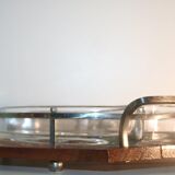 Plateau bois poignées chromées à 3 compartiments verre art déco