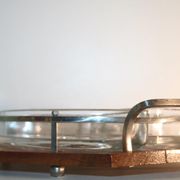 Plateau bois poignées chromées à 3 compartiments verre art déco