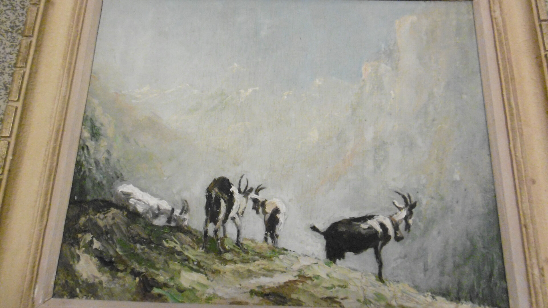 Oil painting signed mountain landscape herd of goats