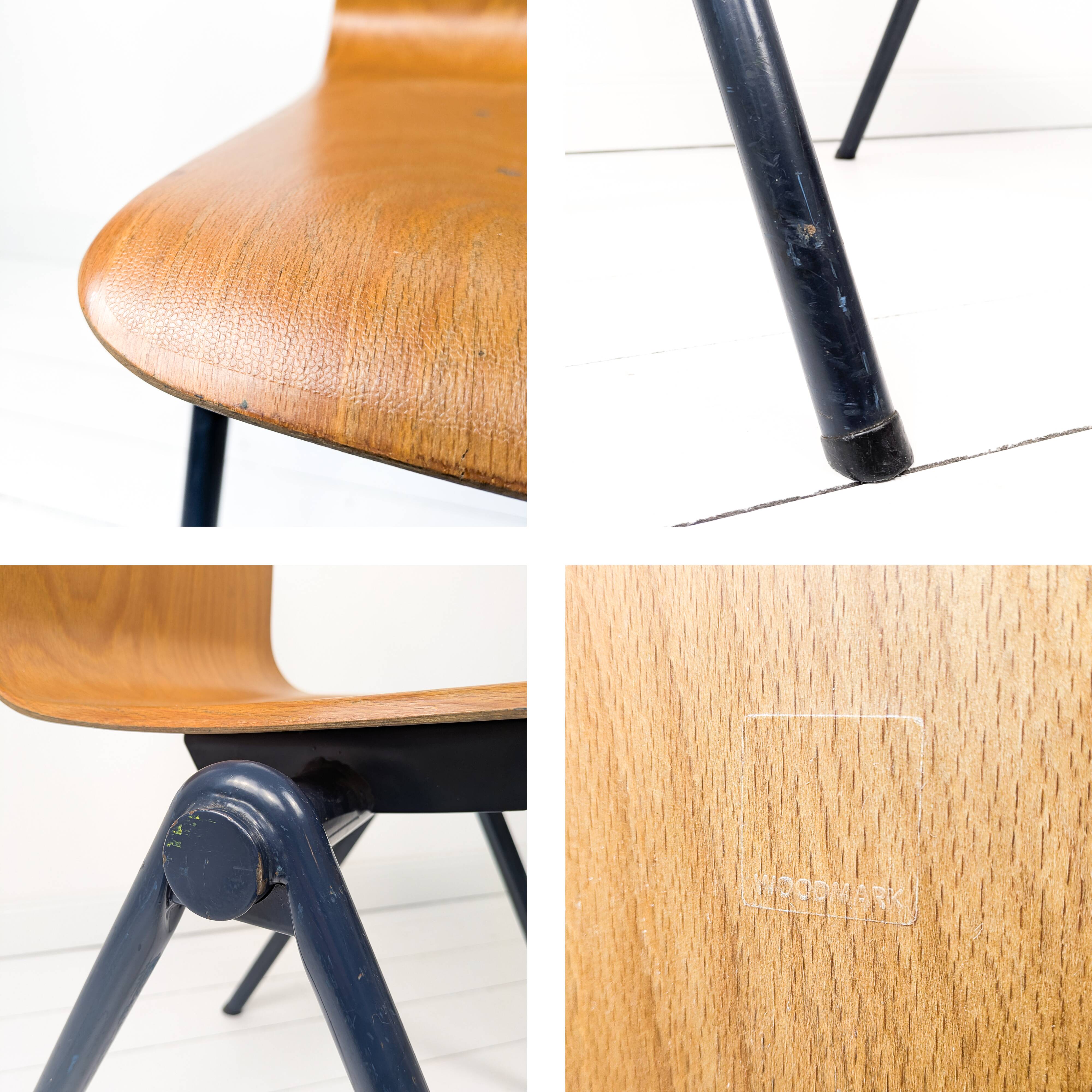 Lot de 4 chaises empilables vintage métal bois, style industriel Mid-Century