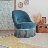 Fauteuil crapaud velours bleu avec franges