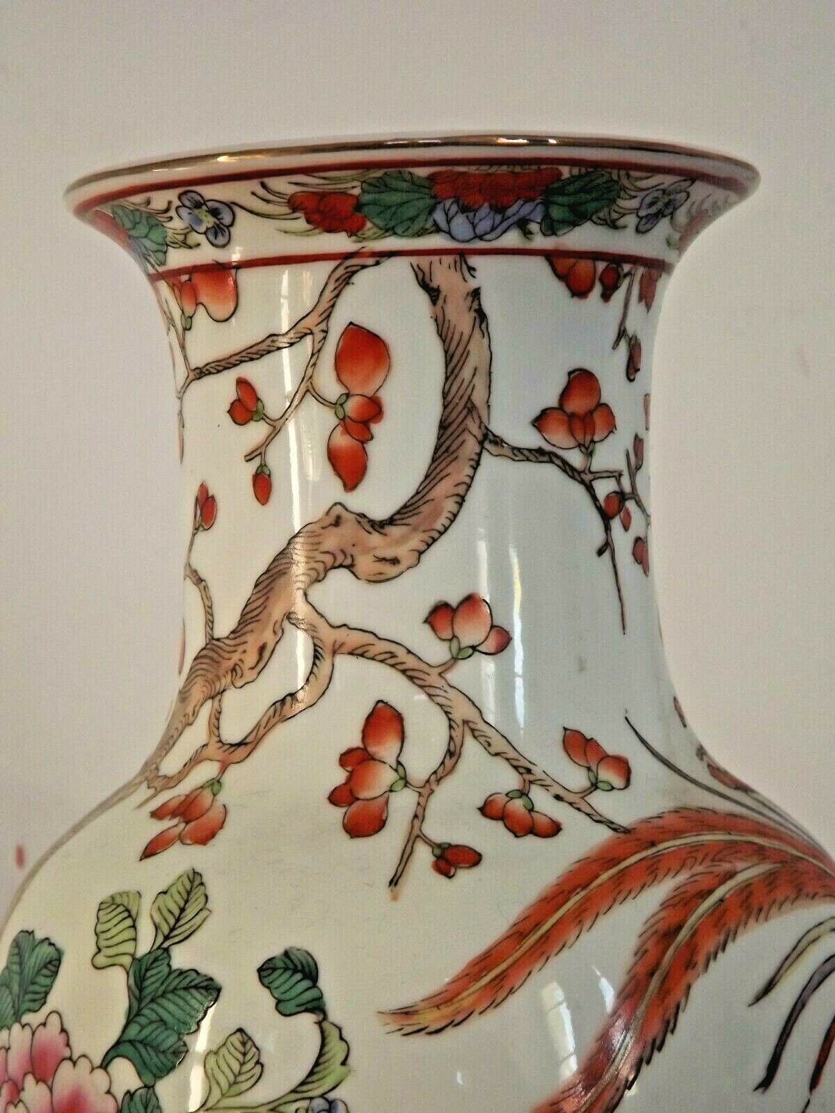 Decorative Vintage Chinese Bright Floral Vase With Pheasant Stamped On Base 3282