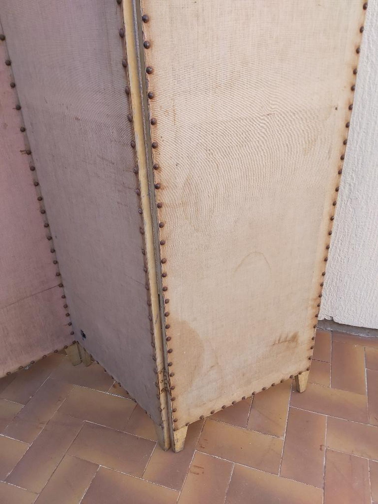 Paravent ancien 4 feuilles bois et tissu