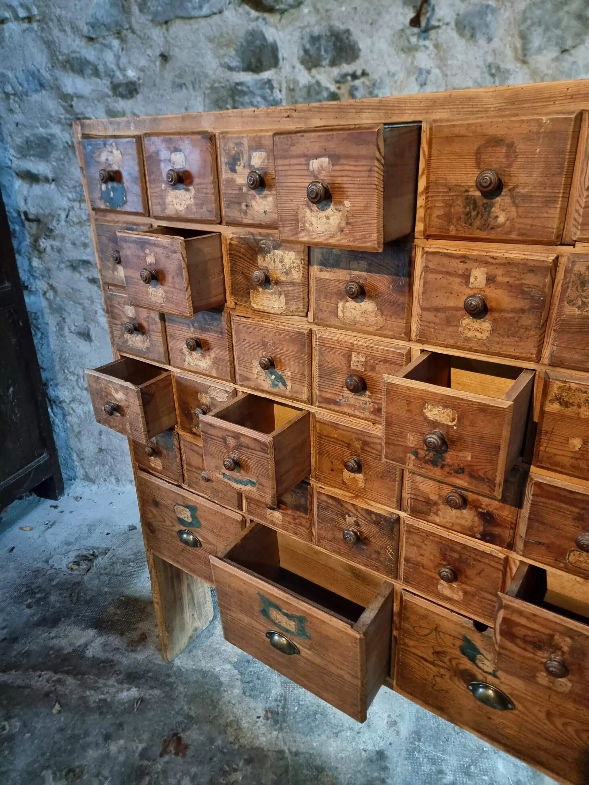 Antique pine drawer cabinet with 50 drawers, apothecary or hardware, 19th century