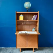Vintage secretary bookcase from the 50s and 60s, oak with chevron marquetry.
