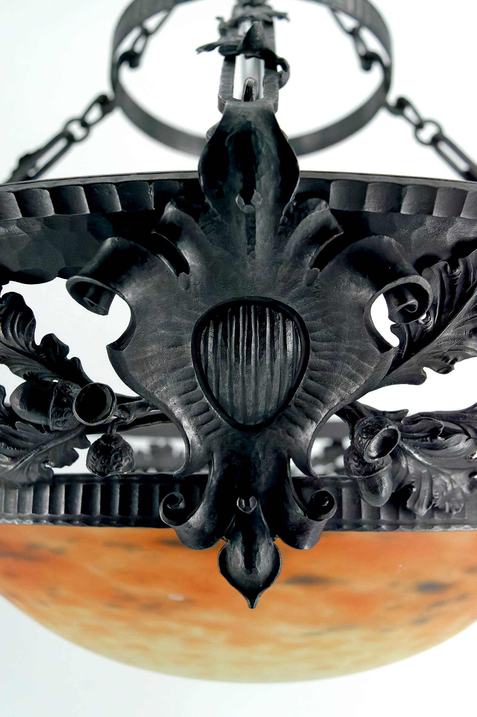 Wrought Iron and Glass Paste Pendant Light, Art Nouveau / Art Deco, Early 20th Century