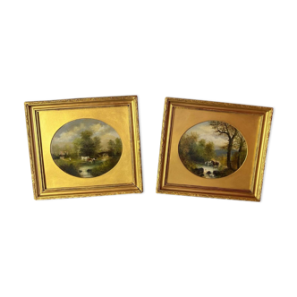 Paire de peintures du 19e siecle, Paysages lacustres, École anglaise