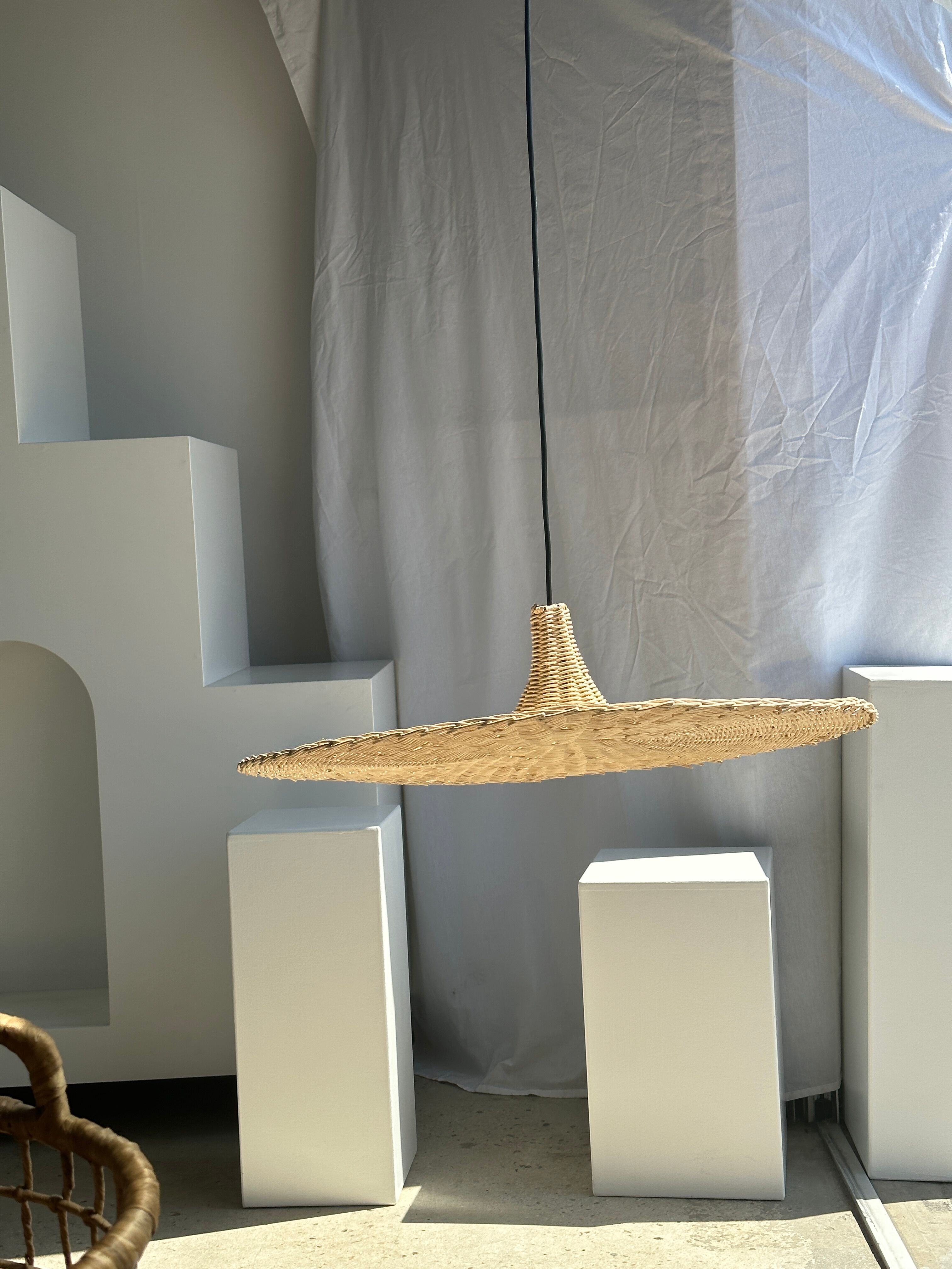 Large suspension, rattan luminaire in hat shape D:80cm