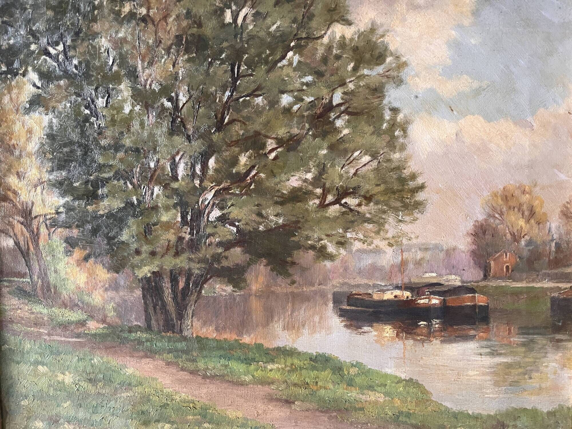 Authentic oil on canvas of a landscape with barges, view of the Seine.