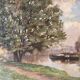 Authentic oil on canvas of a landscape with barges, view of the Seine.
