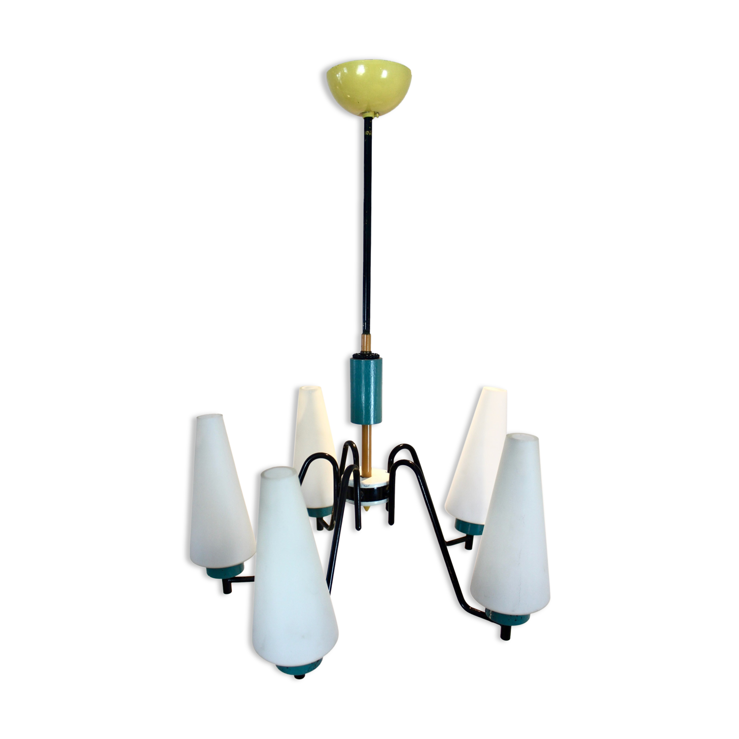 Dutch suspension lamp in wood steel and opaline glass