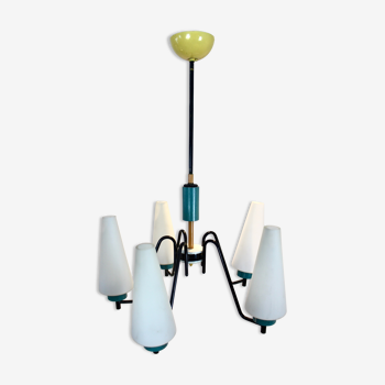 Dutch suspension lamp in wood steel and opaline glass