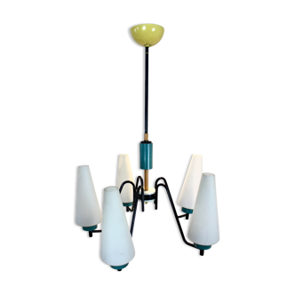 Suspension hollandaise en acier bois et verre opalin