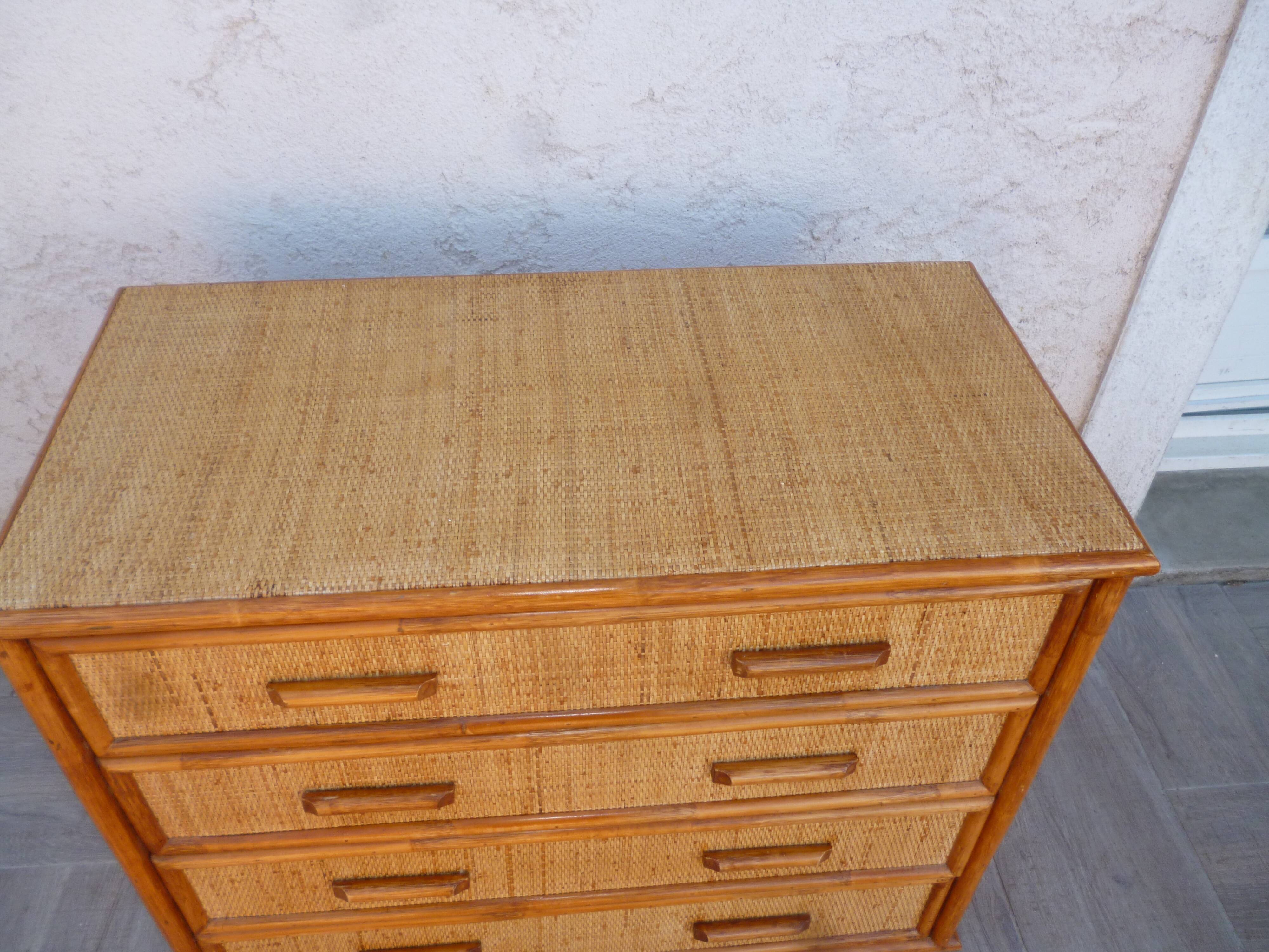 Vintage rattan bamboo chest of drawers