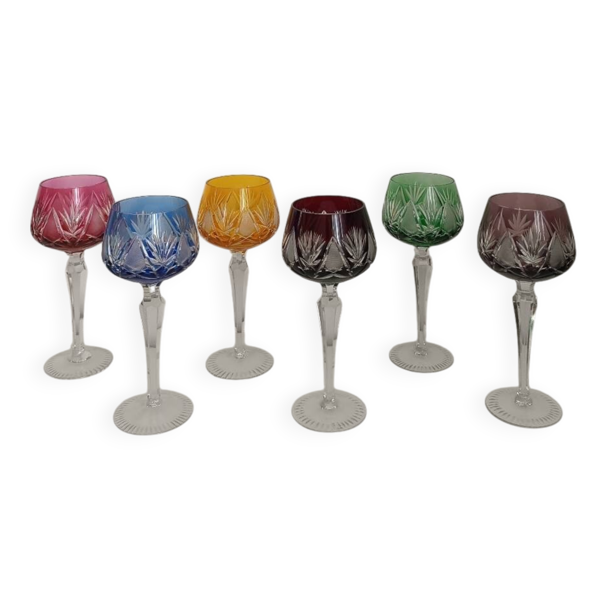Set of 6 colored crystal stemmed glasses