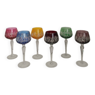 Set of 6 colored crystal stemmed glasses