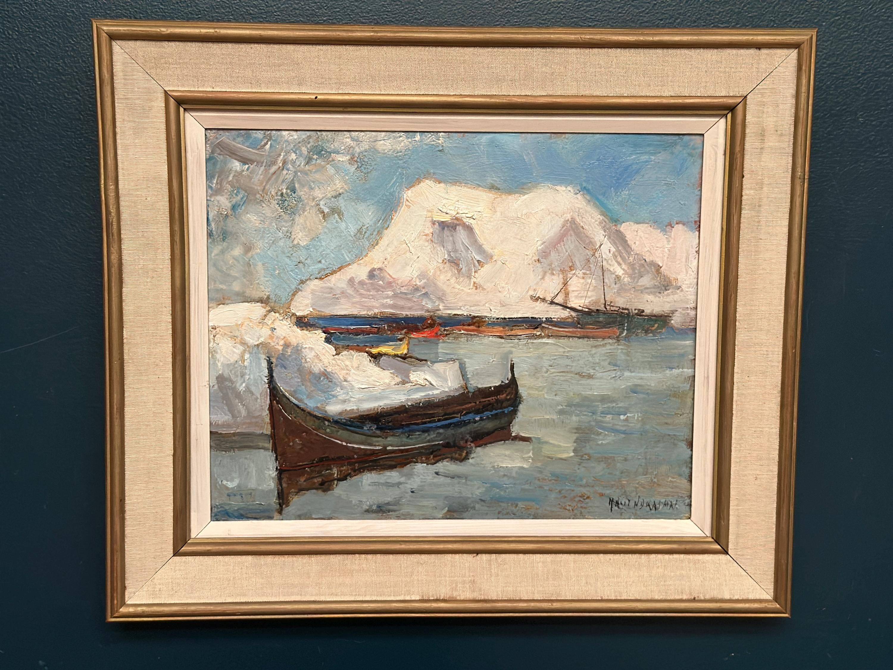 Original Swedish Oil on Panel – “Winter Harbor” by Knut Norman – Signed – Vintage & Framed