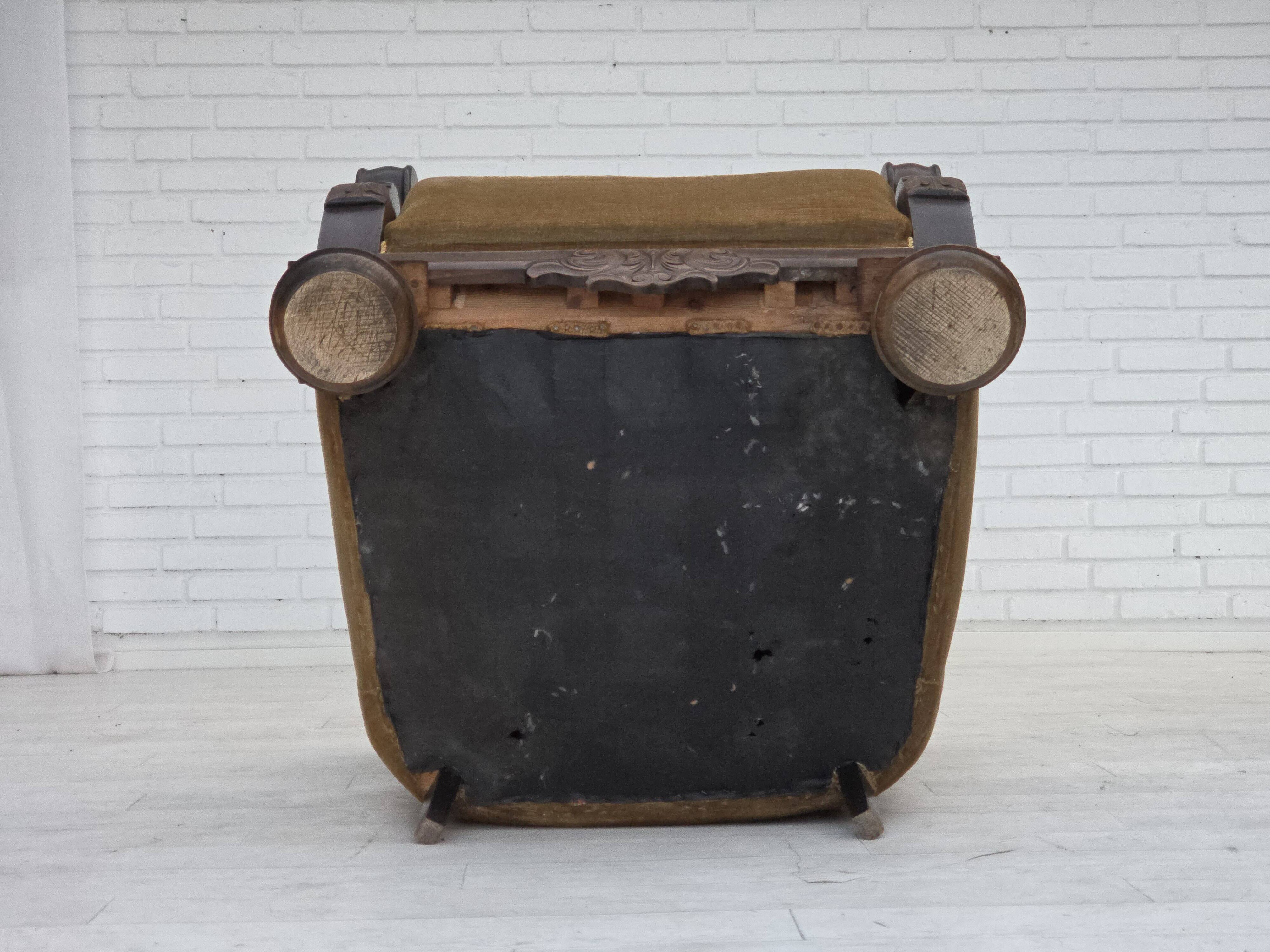 1960s, Danish armchair, original green furniture velour, carved oak wood.