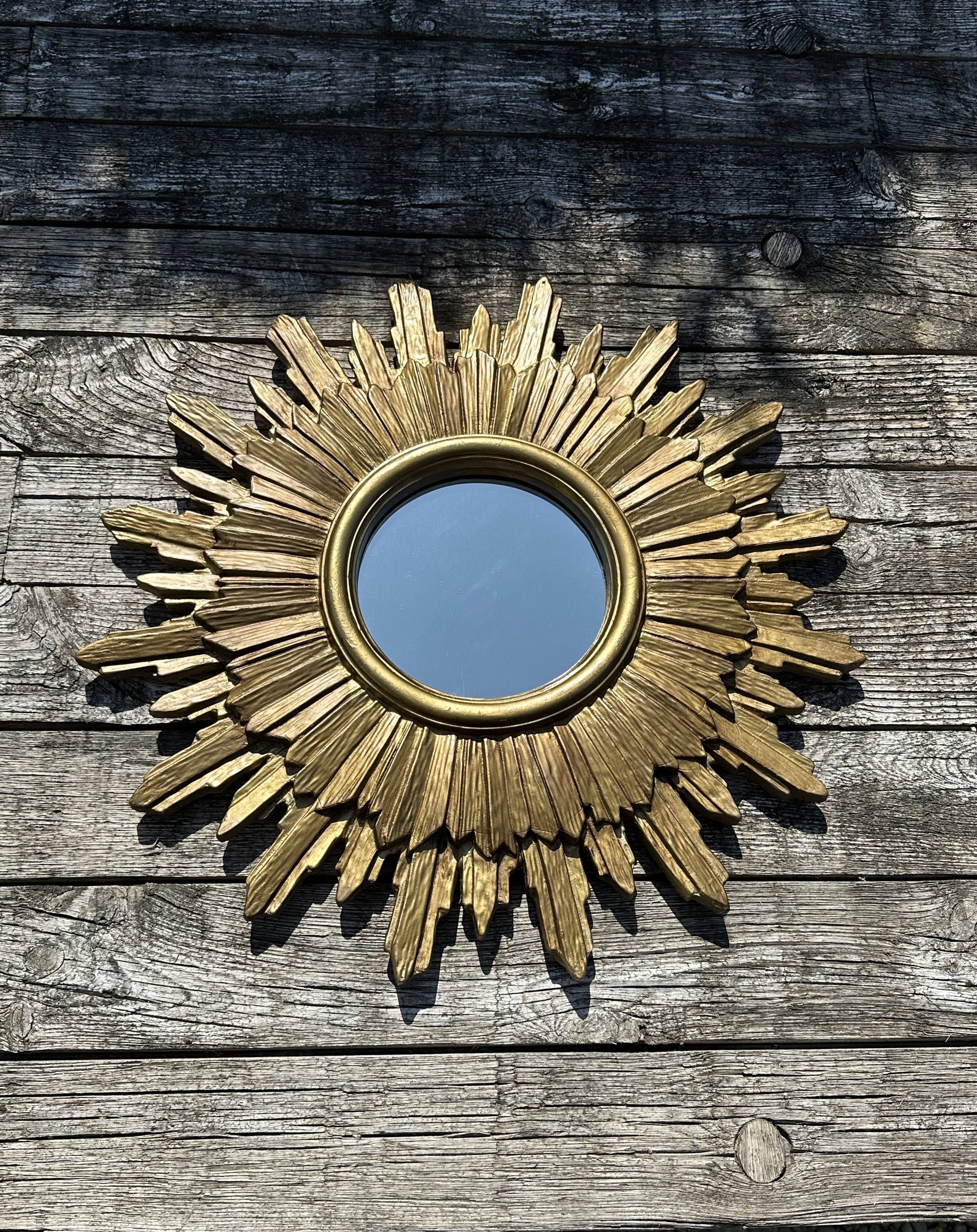 Vintage sun mirror 1960 in patinated golden balsa