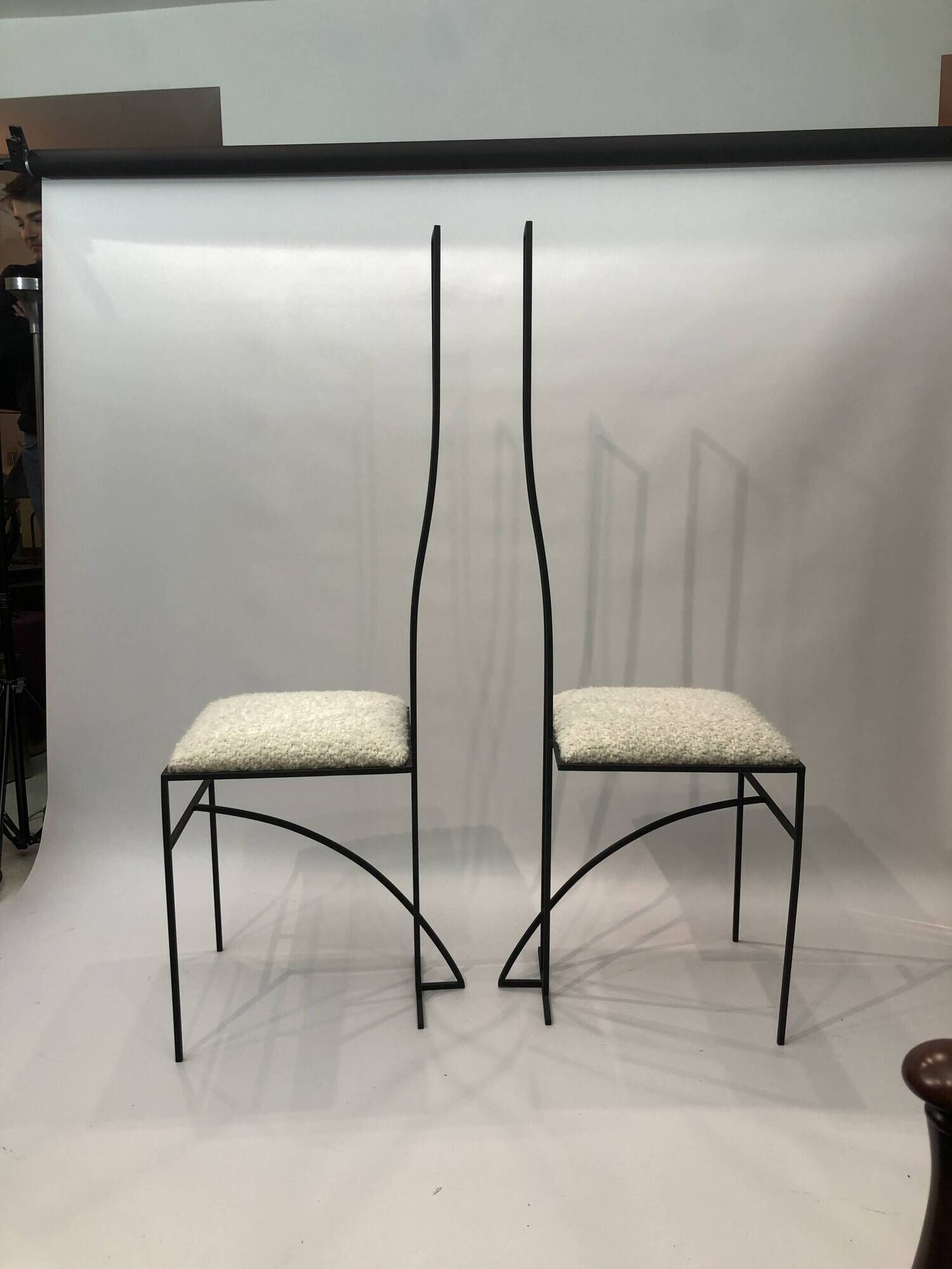 Pair of Postmodern High Back Black Metal Side Chairs in Boucle 1980s Vintage 70s