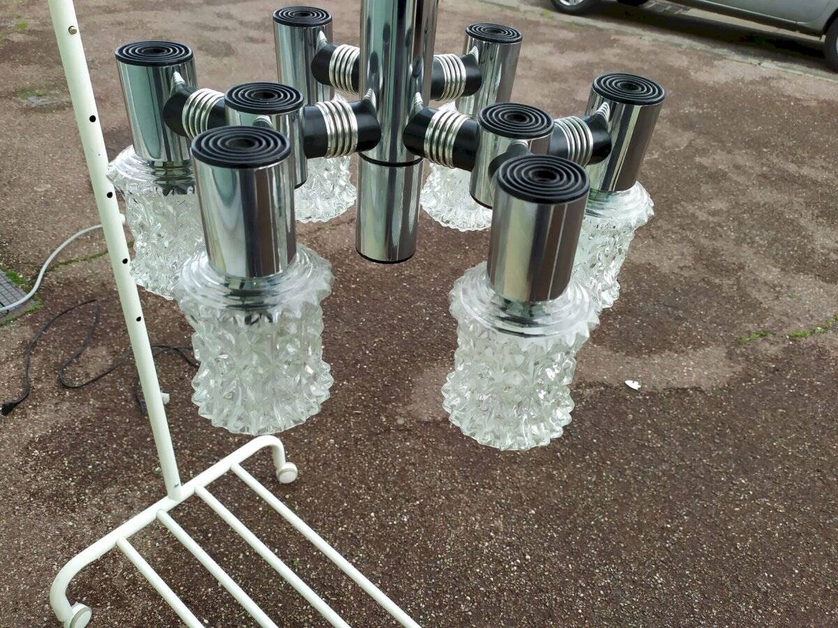 Vintage ceiling light in chrome-plated and cut glass, Targetti 1970 chandelier