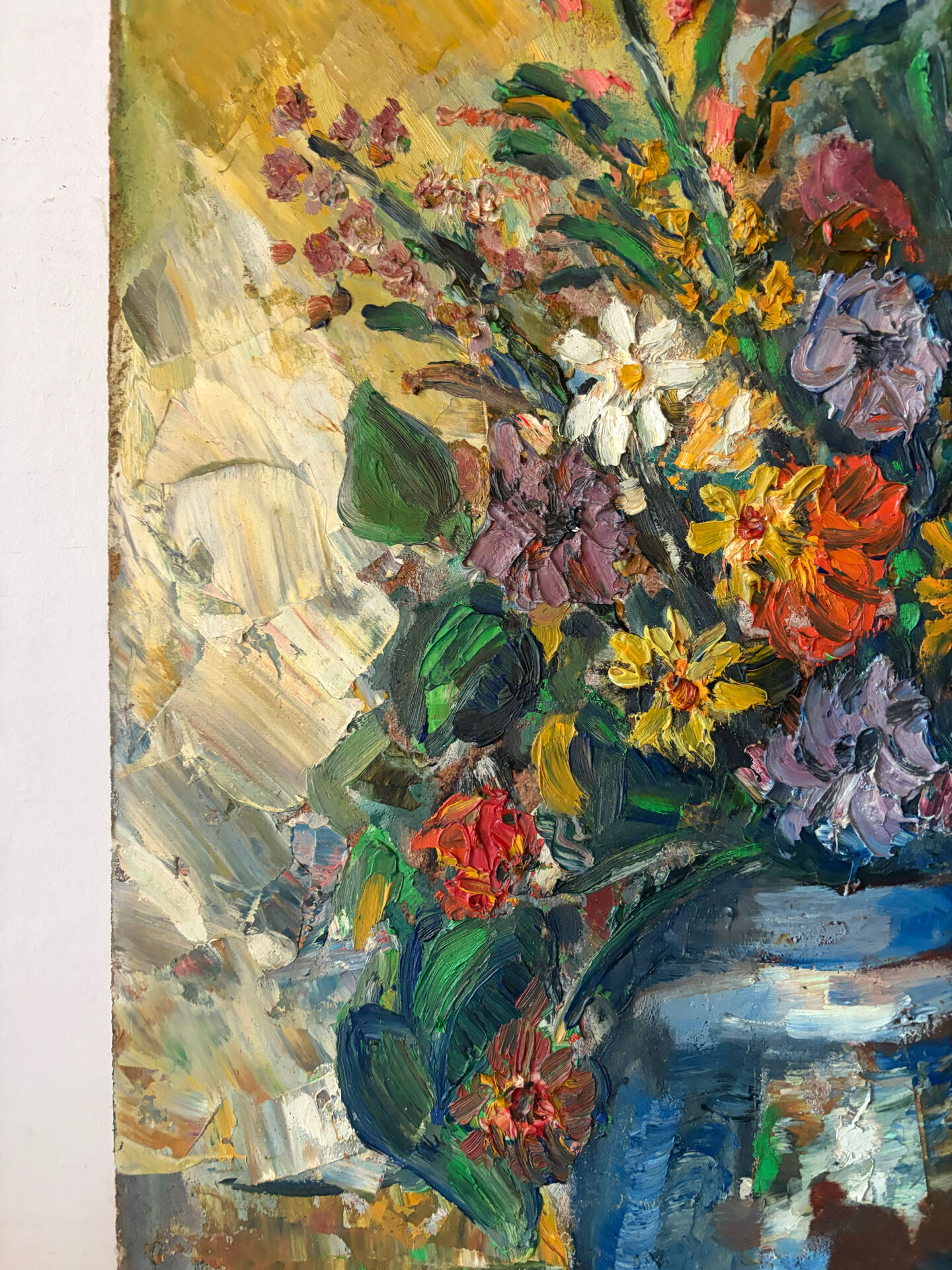 Still life, bouquet, oil with a knife on panel, signed.