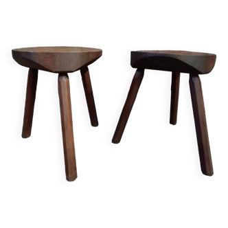 Pair of brutalist tripod stools in solid oak