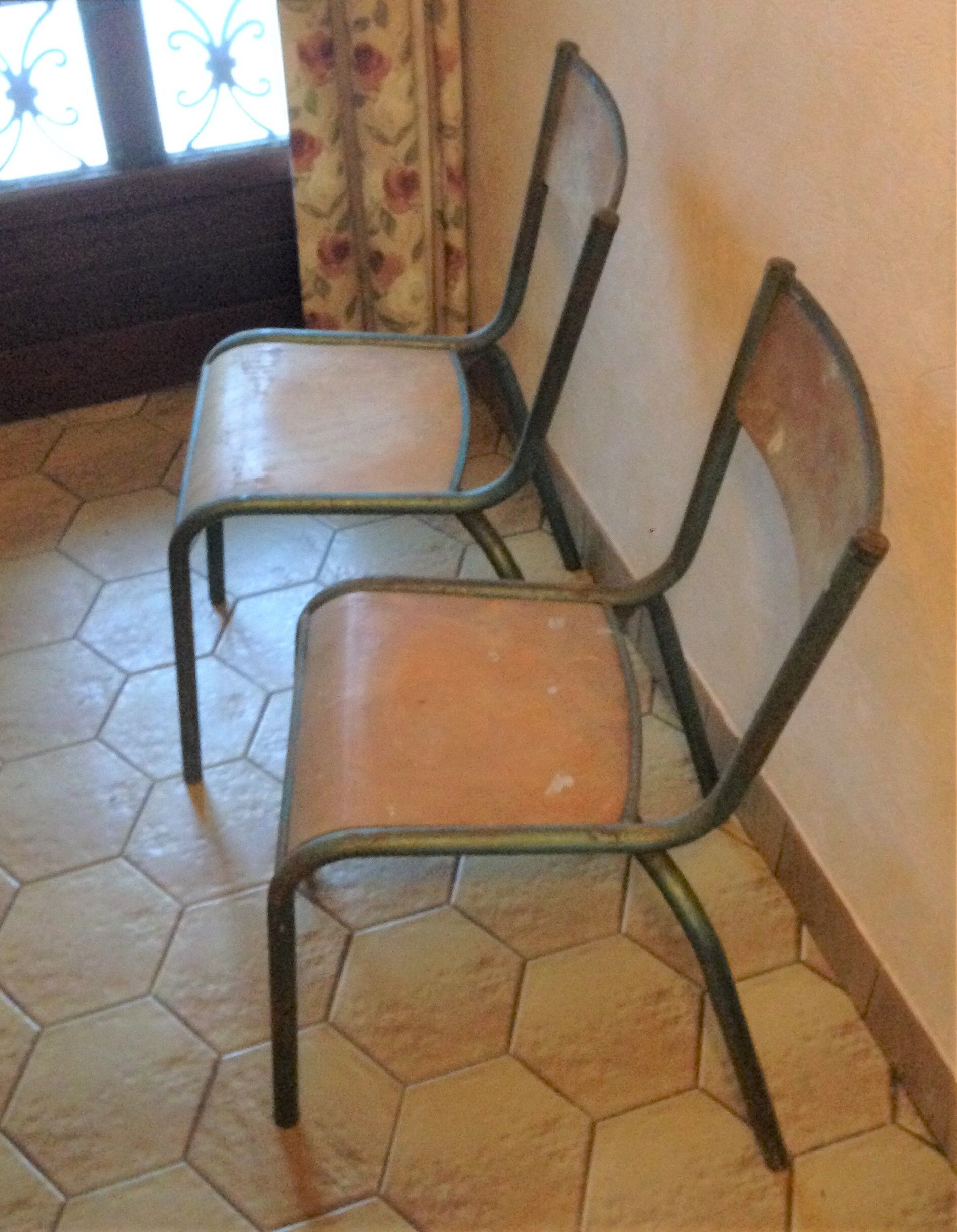 Pair of chairs school workshop wood and metal tubular