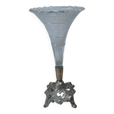 Vase tulipe vintage en verre pressé sur pied métal argenté – centre de table