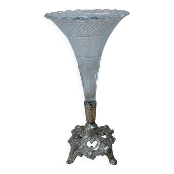 Vase tulipe vintage en verre pressé sur pied métal argenté – centre de table
