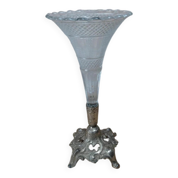 Vintage pressed glass tulip vase on silver-plated metal stand – centrepiece