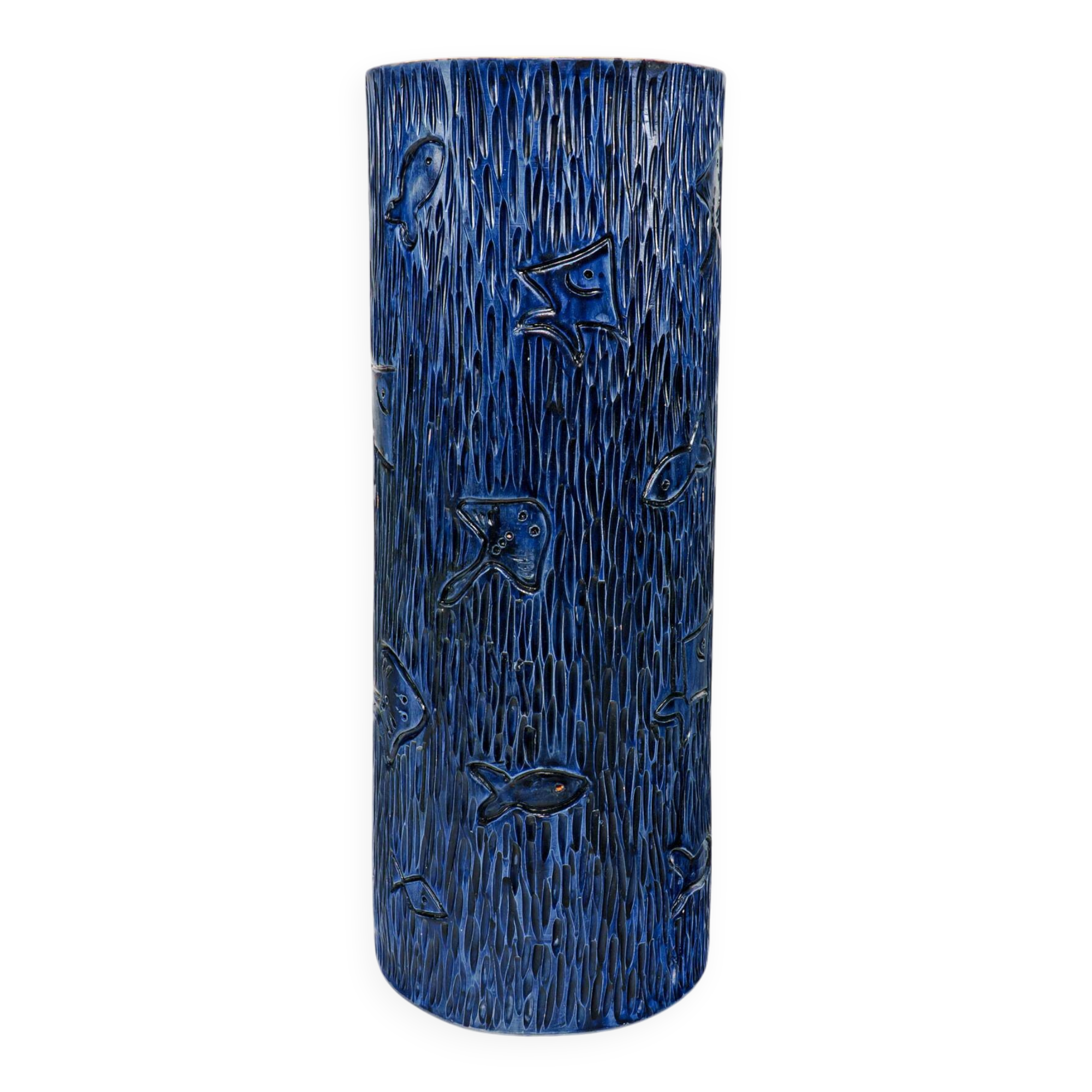 XL 1970s Blue Carved Fish Studio Pottery Vase by Hanen Ben Salah