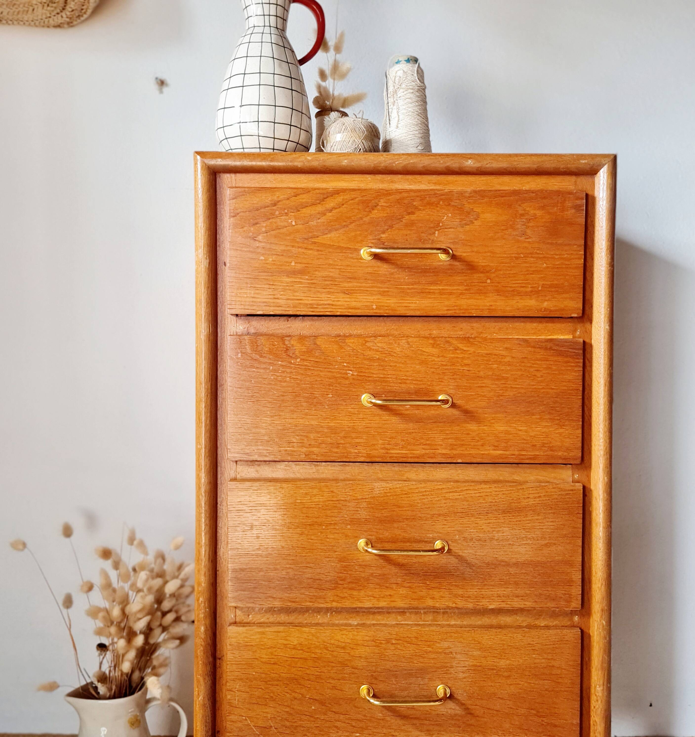Commode vintage années 50 en bois – 4 tiroirs – pieds compas
