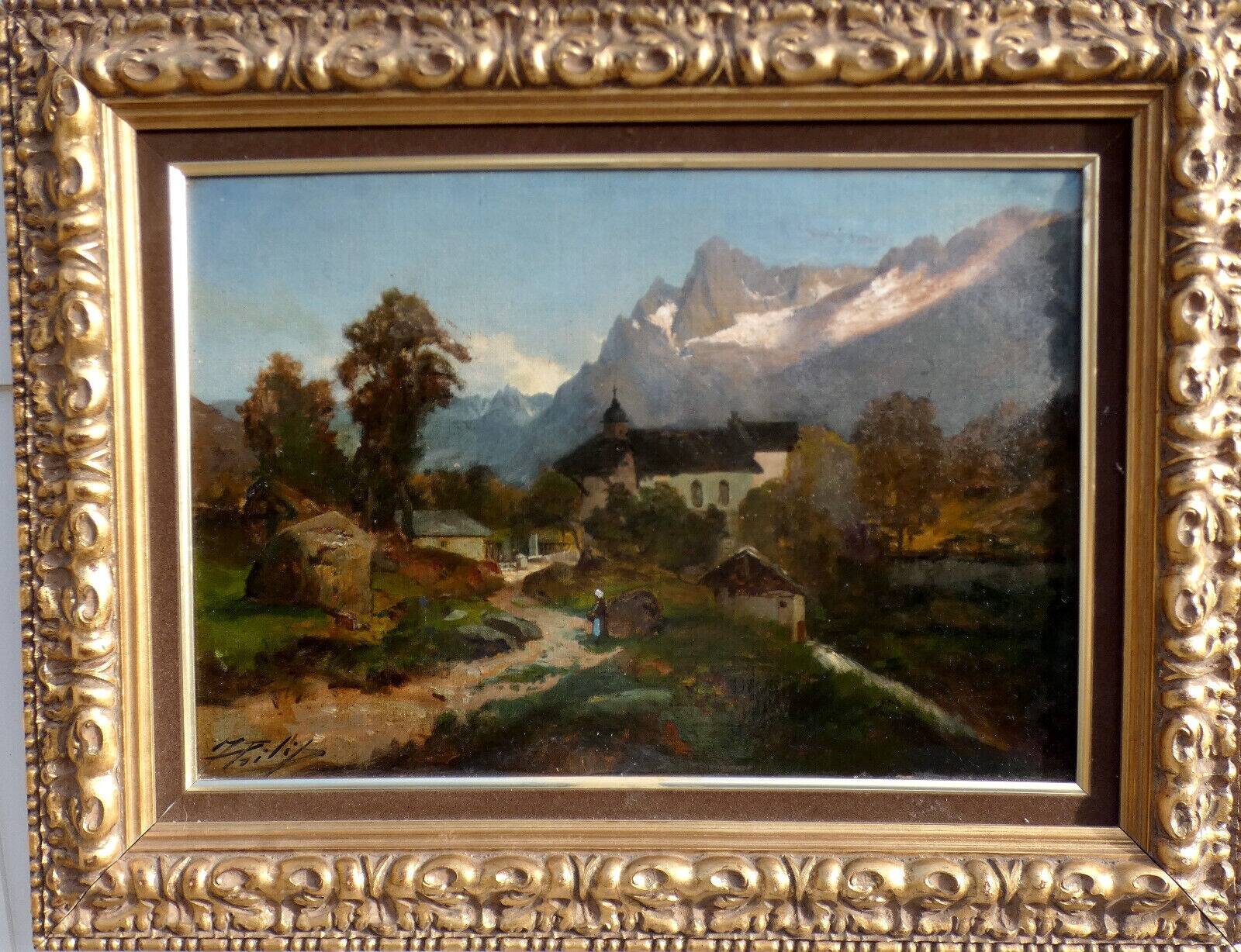 Wonderful 19th Century Mountain Landscape W/ Houses & Figures