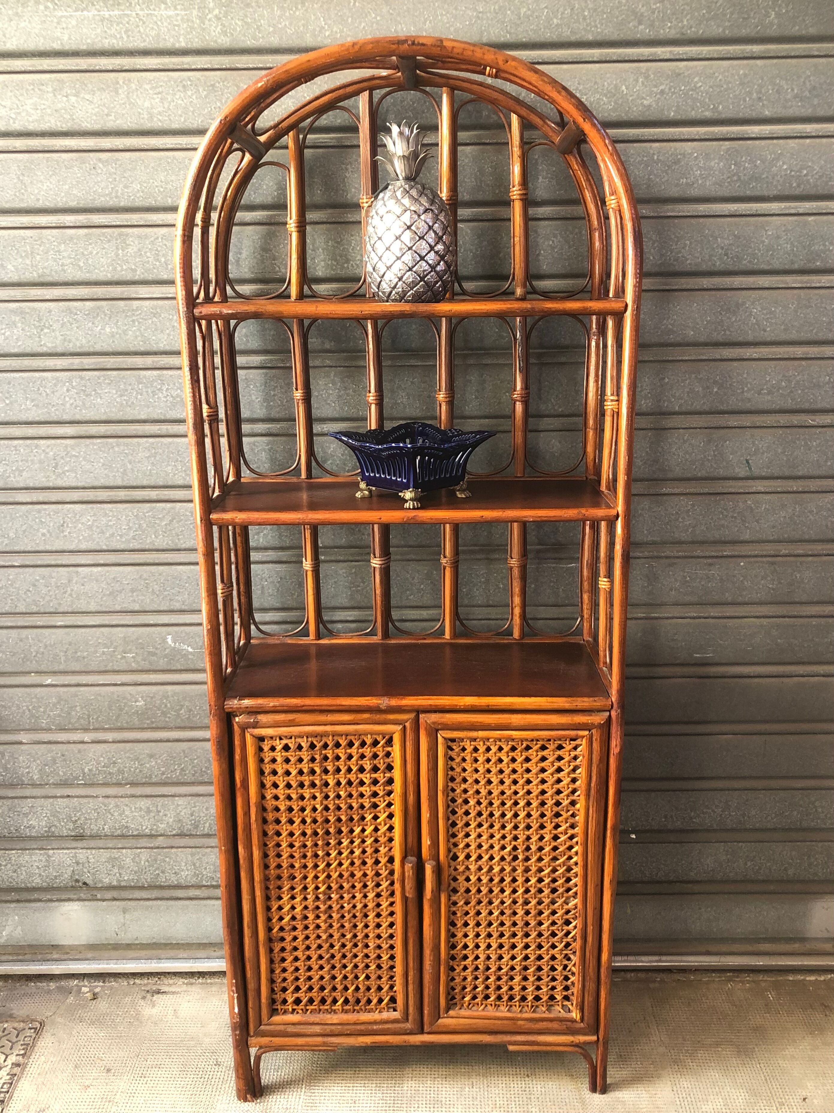 Rattan shelf with storage from the 1970s