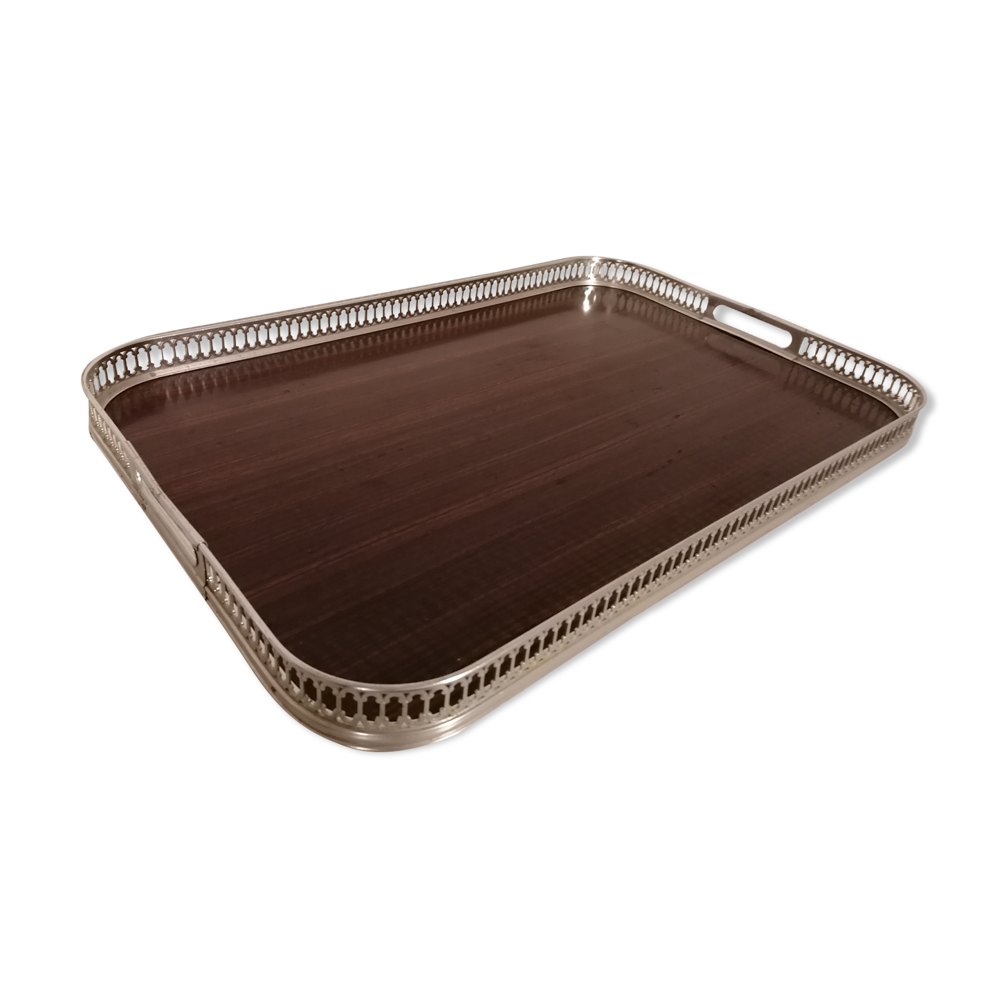 Silver metal tray décor faux wood formica vintage 60 70 made in Italy