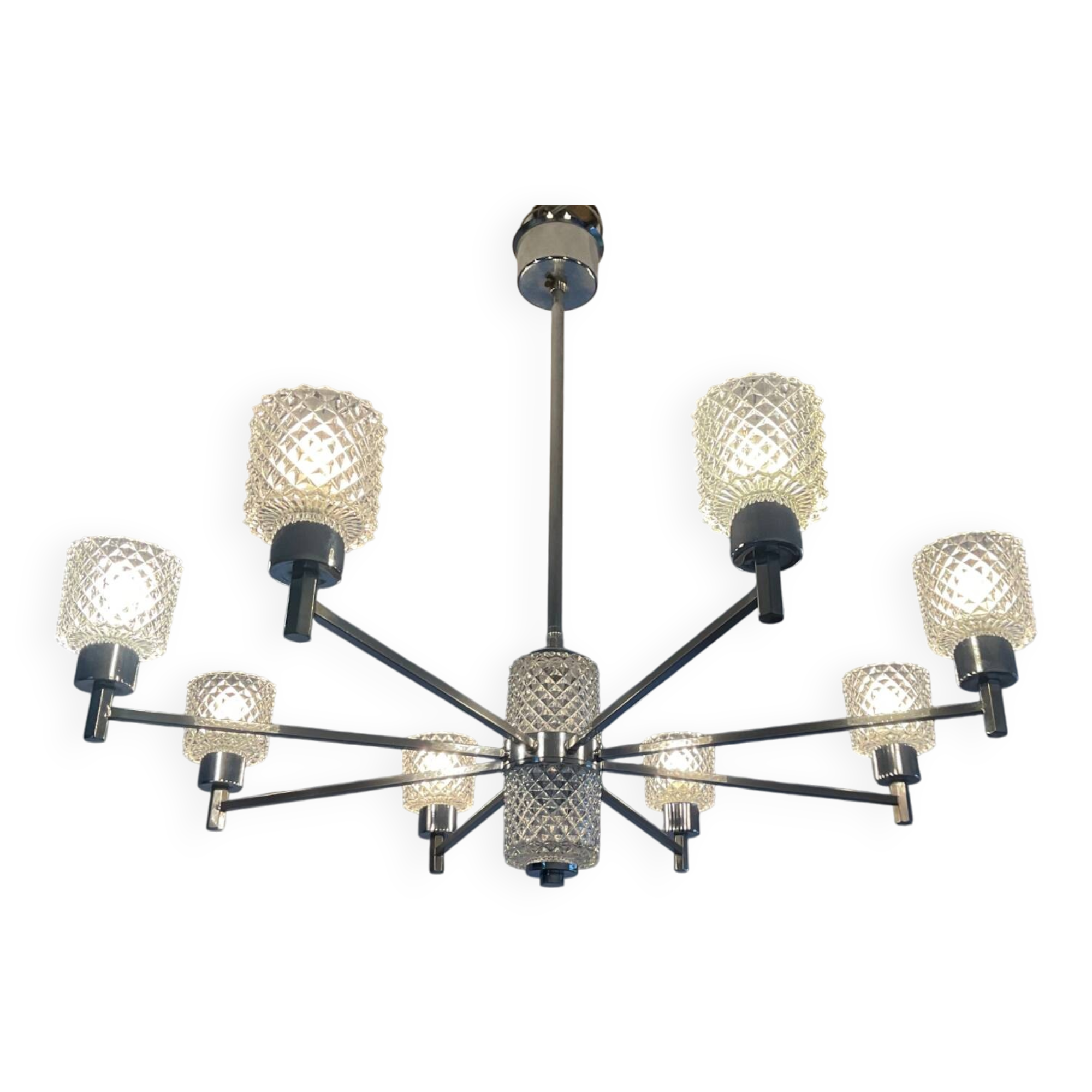 Vintage Italian chandelier from the 60s in chromed metal and glass