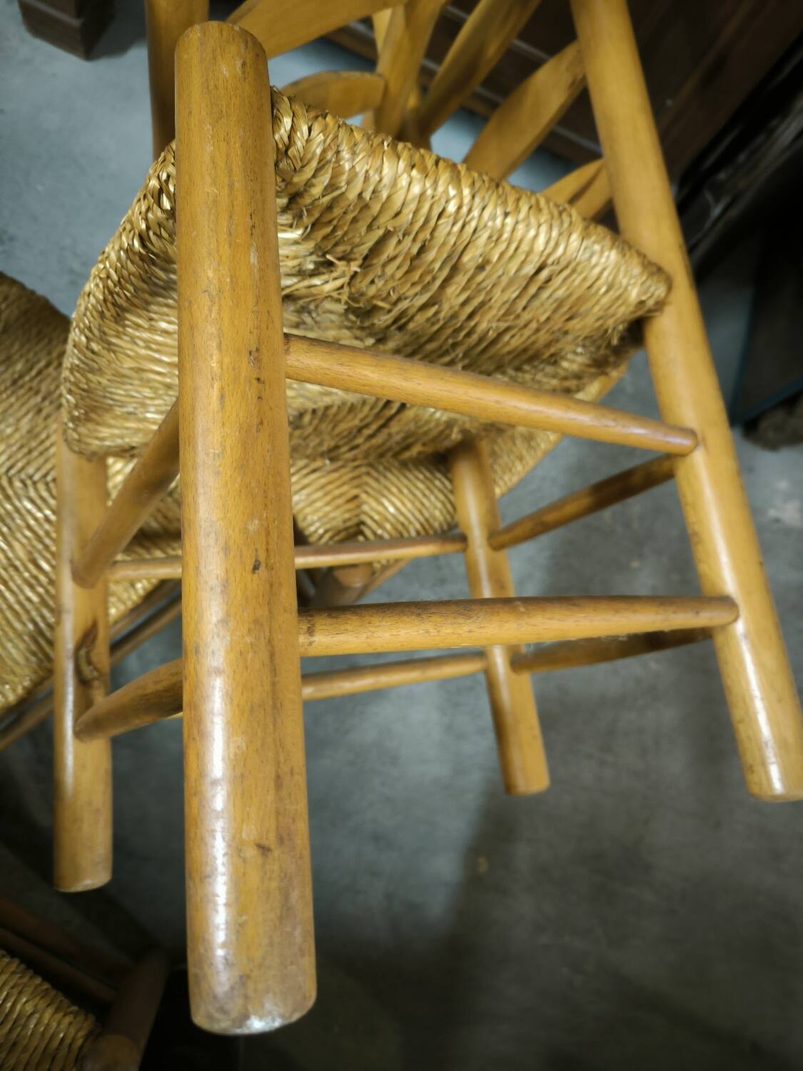 Set of 4 low straw-seated chairs circa 1940