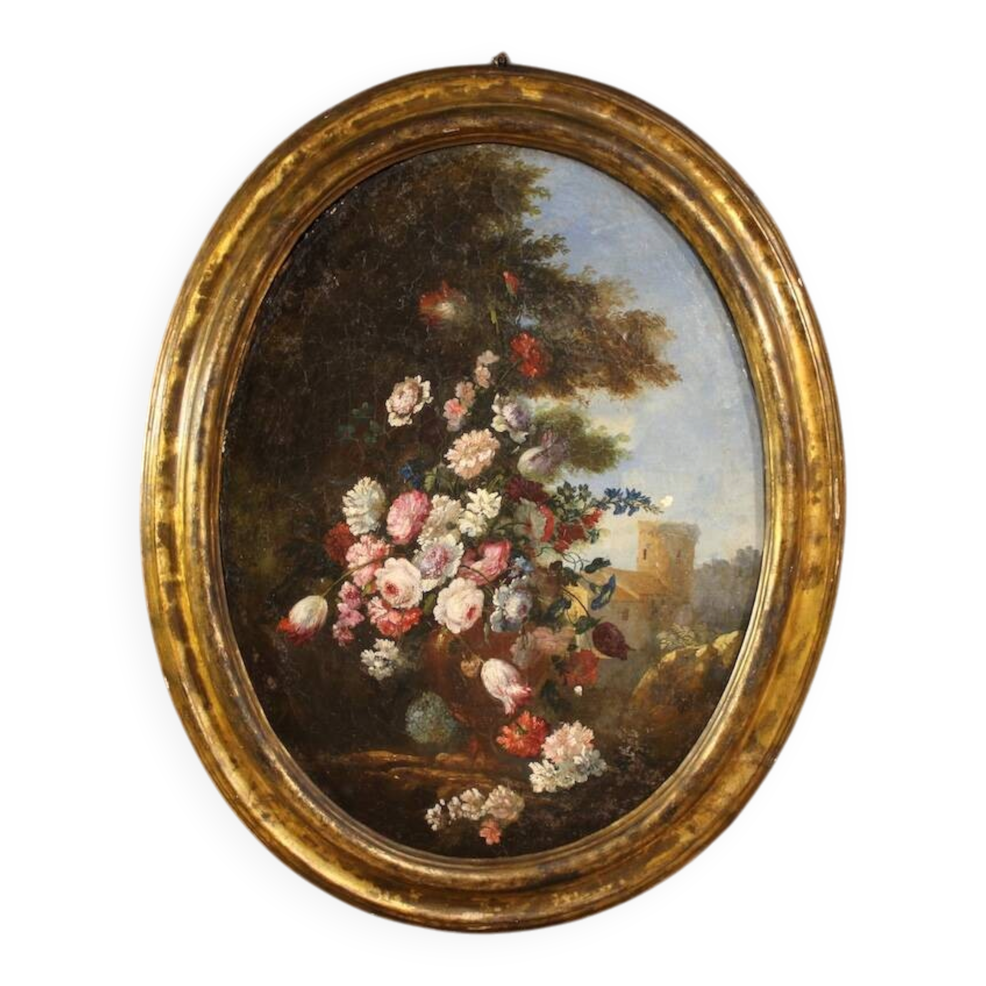 Peinture de nature morte ovale italienne antique du XVIIIe siècle
