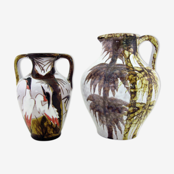 2 vases en céramique émaillée - décor arbres et grues du Japon - Marei Keramik - WGP
