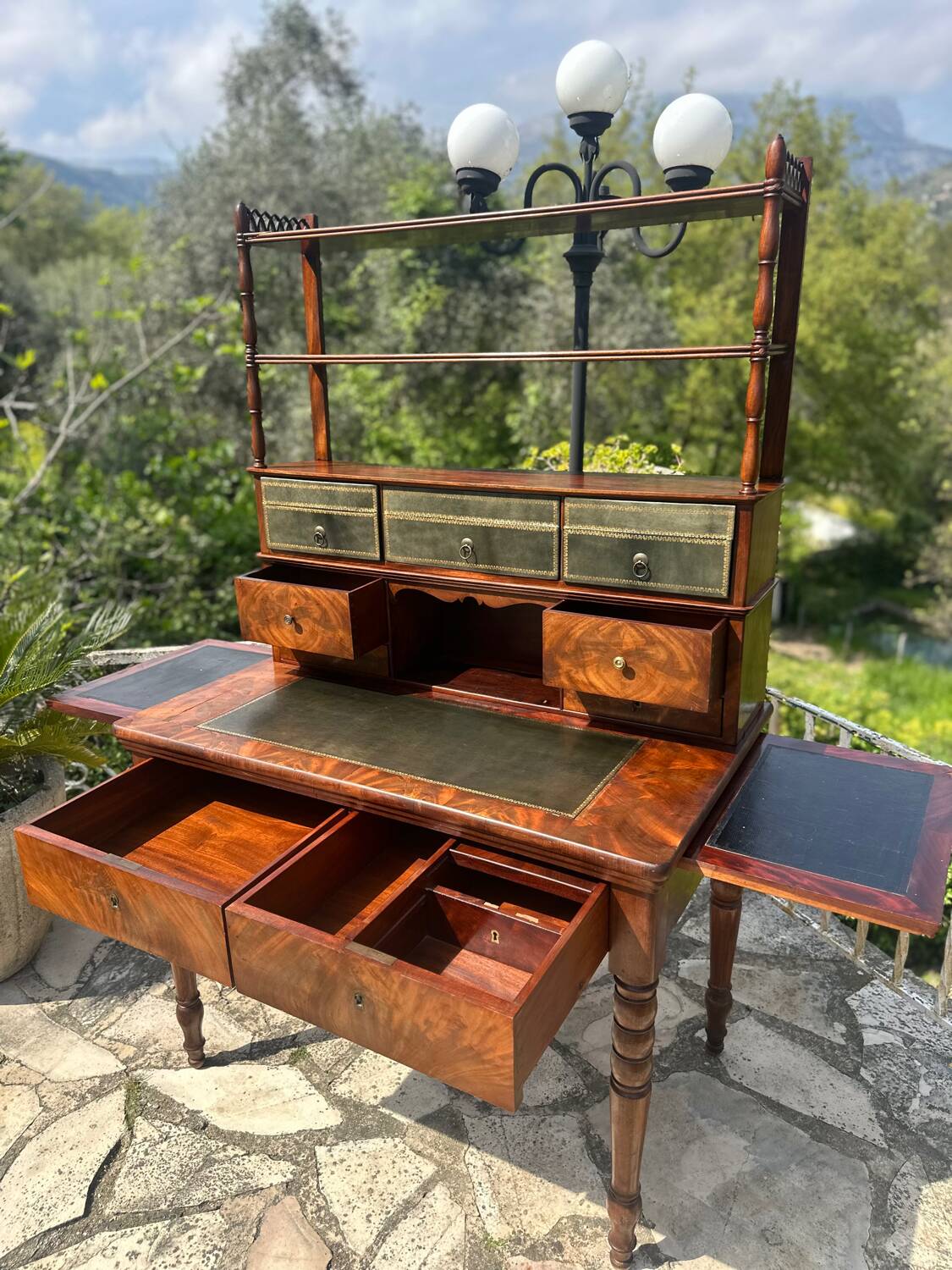 19th century flamed mahogany stepped desk
