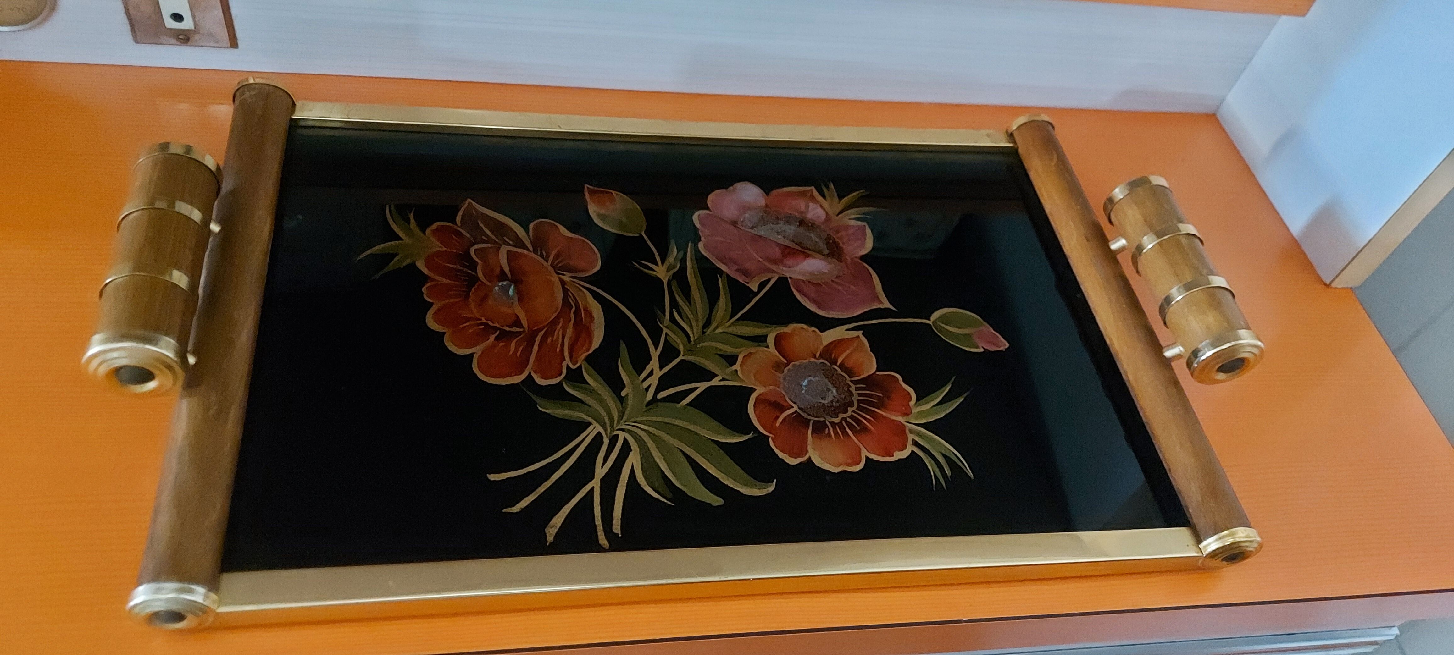 Art deco style wood and brass serving tray