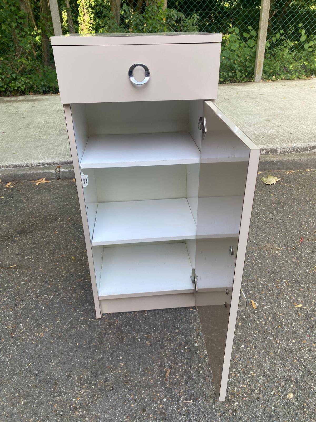 Narrow vintage beige bathroom cabinet 1970s