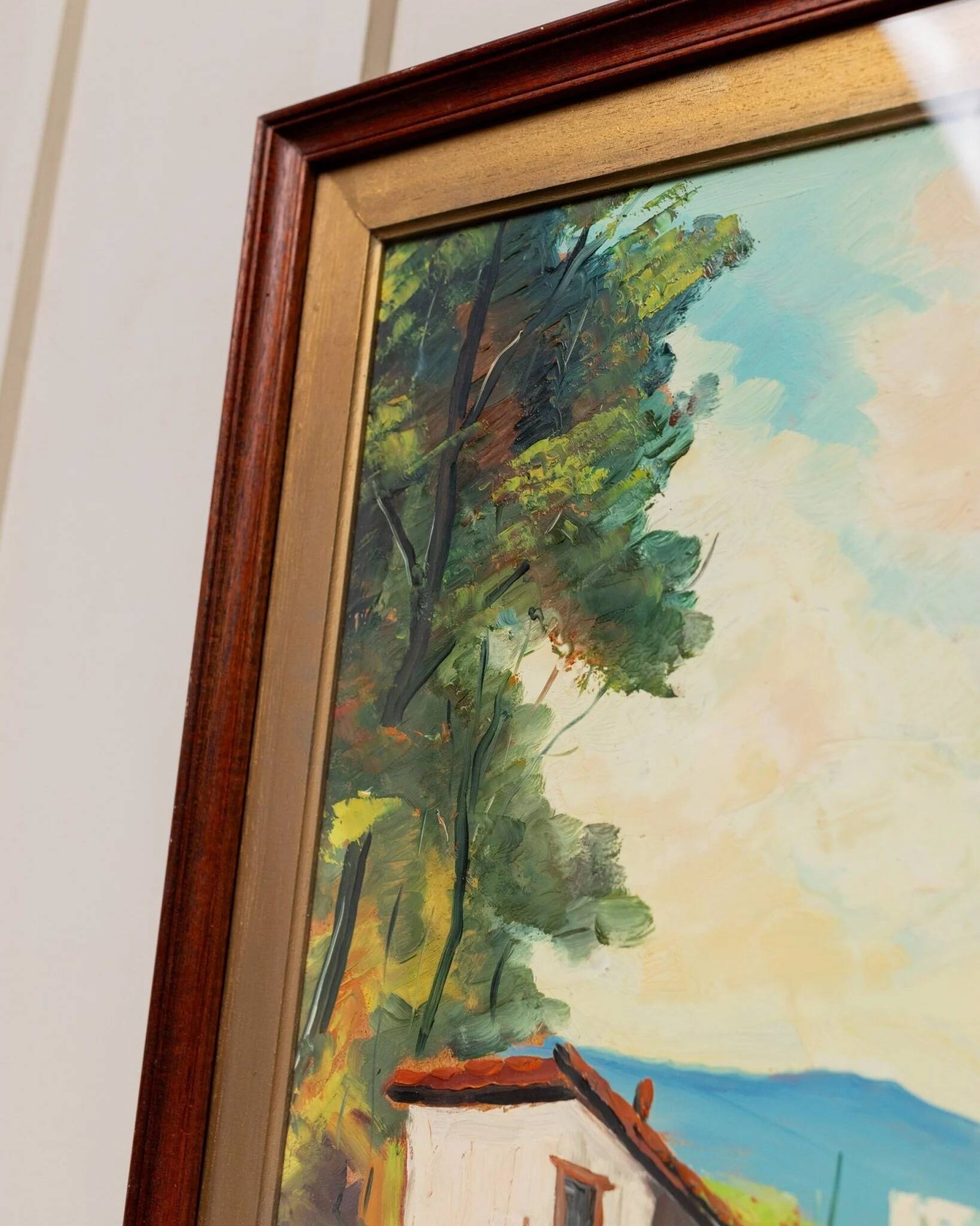 XL Vintage Oil Painting on Wood Panel in a Golden Frame, 1960s Italy Landscape with Woman