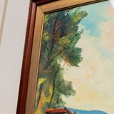XL Vintage Oil Painting on Wood Panel in a Golden Frame, 1960s Italy Landscape with Woman