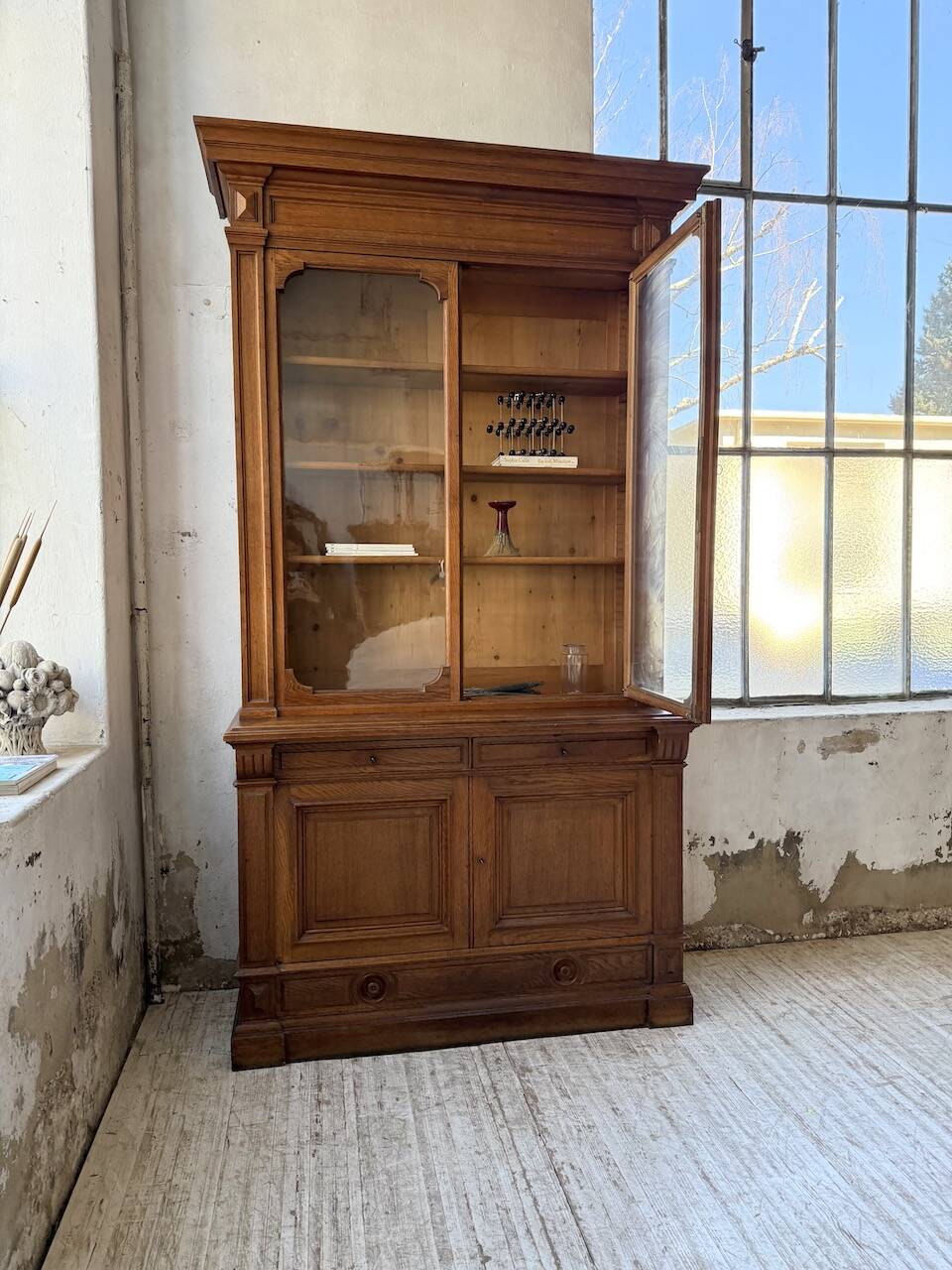 Antique XL Napoleonic oak glass bookcase, 19th century