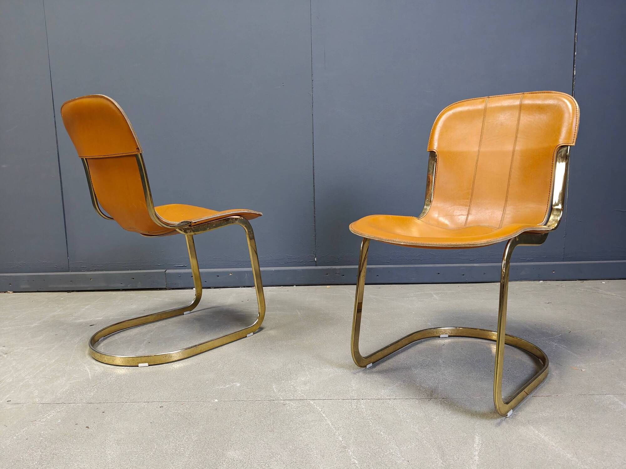 Vintage brass and cognac leather dining chairs by Willy Rizzo for Cidue set of 4