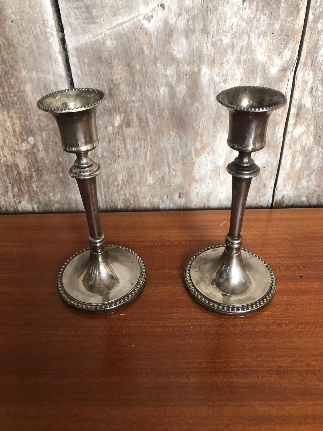 Old pair of silver metal candlesticks vintage pearl rank